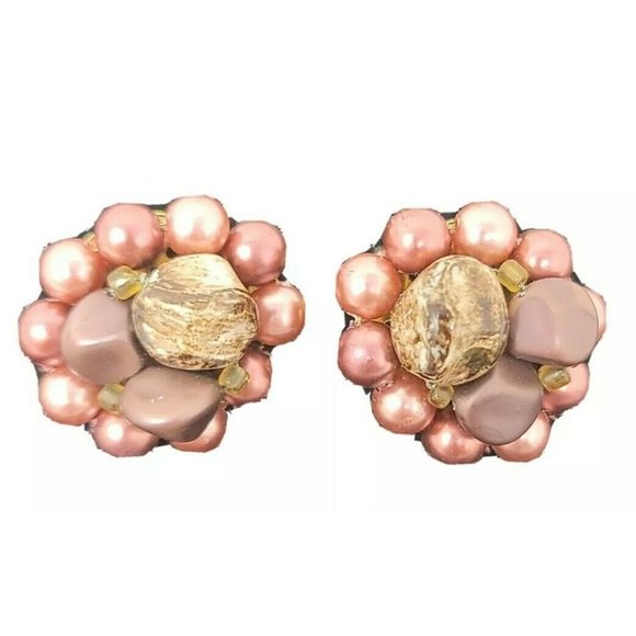 Vintage Clip On Japan Burgandy Brown Faux Pearl Bead Round Earring Set Gold Tone - Picture 1 of 12